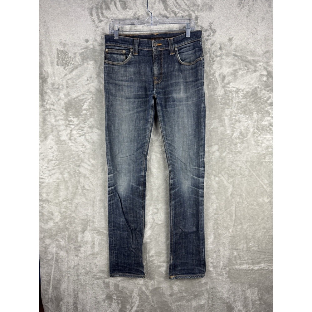 Nudie Thin Finn Navy Slim Fit Denim Jeans Mens 32 (fits 31x31) Faded Whiskers
